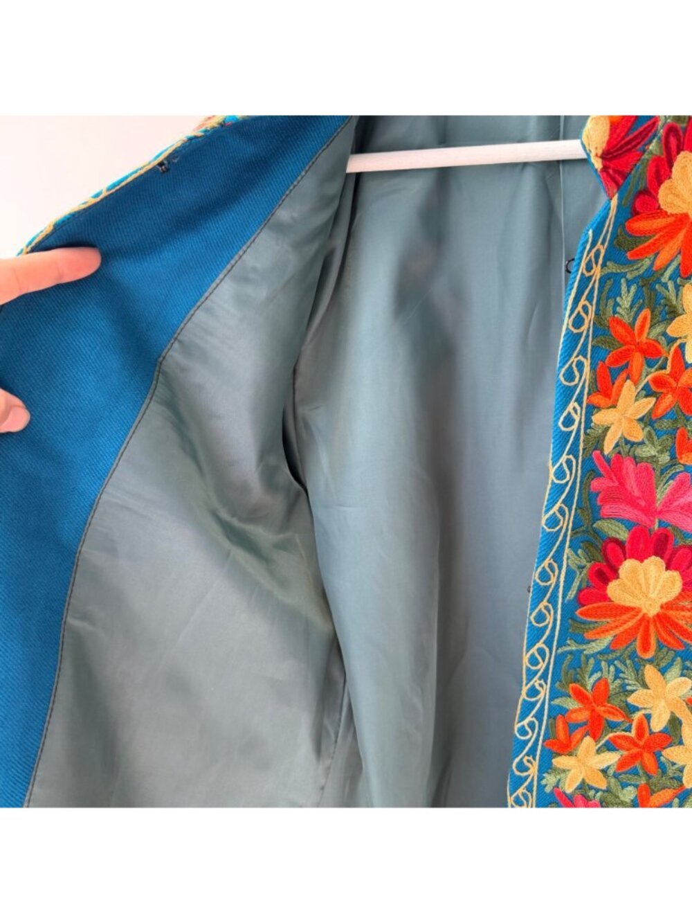 Kashmiri Embroidered Jacket Floral Aari Crewel Coat Boho Artisan Pashmina Style - Picture 7 of 8